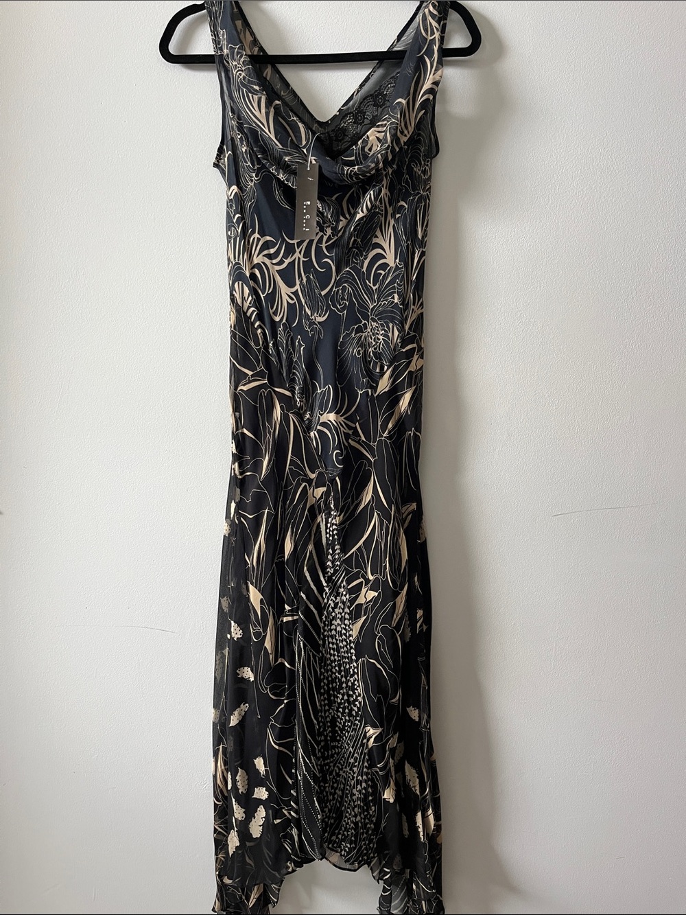 ECI New York Cowl neck silk black leaf print y2k fairy dress with silk slip